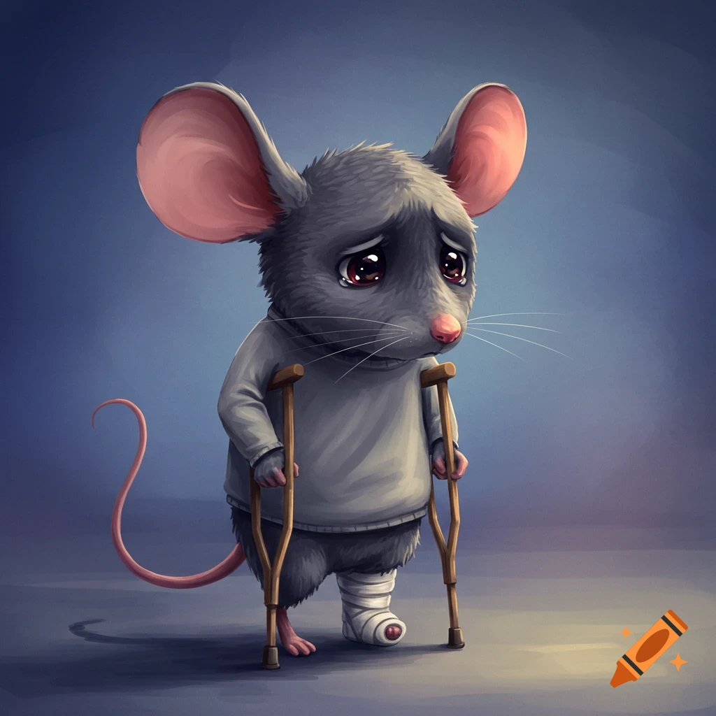 A sad cartoon mouse with a bandaged leg uses crutches.