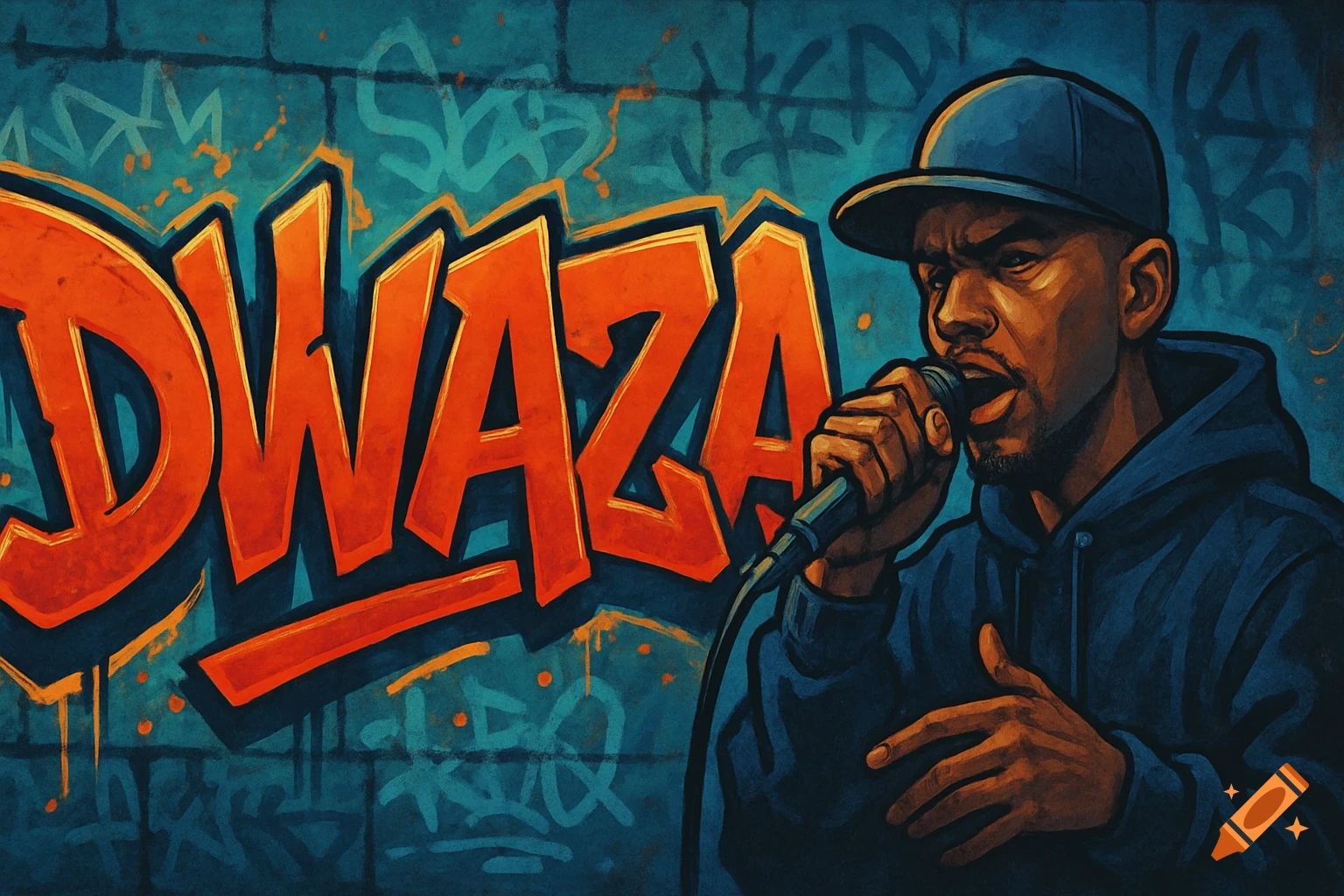 A rapper with a microphone in front of orange graffiti text "DWAZA" on a blue wall.