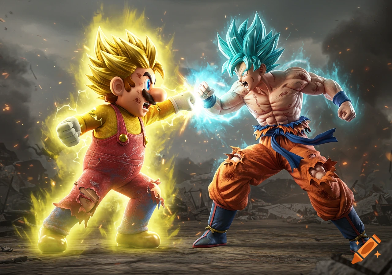 Super Saiyan Mario fights Goku in a stylized action scene with energy effects.