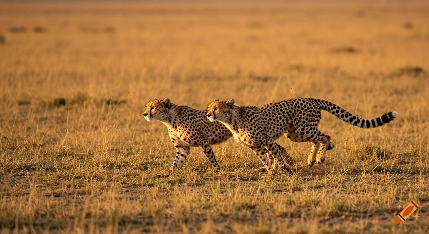 Two cheetahs run through a sunlit grassy field