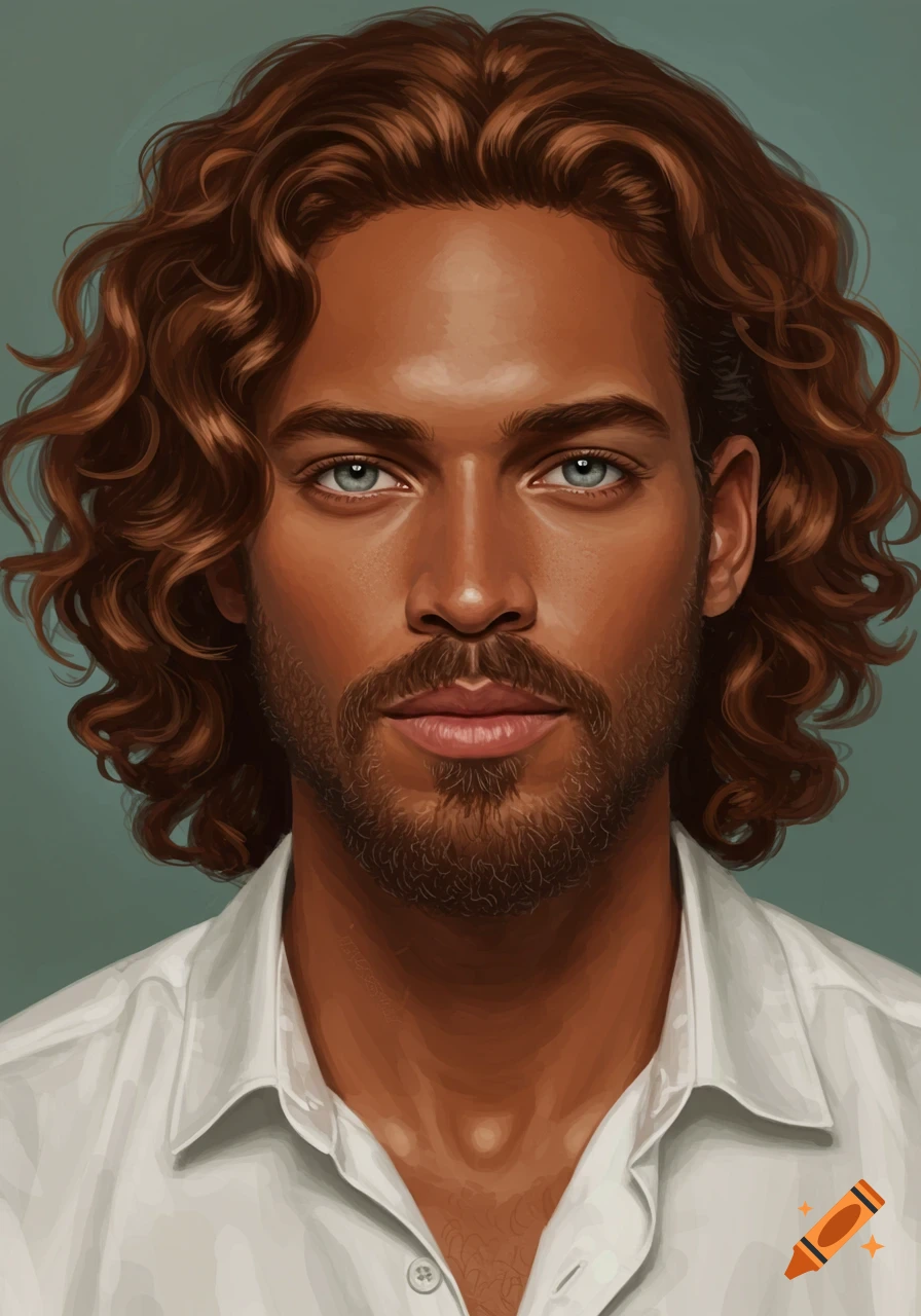 Portrait of a man with brown curly hair, beard, blue eyes, and white shirt.