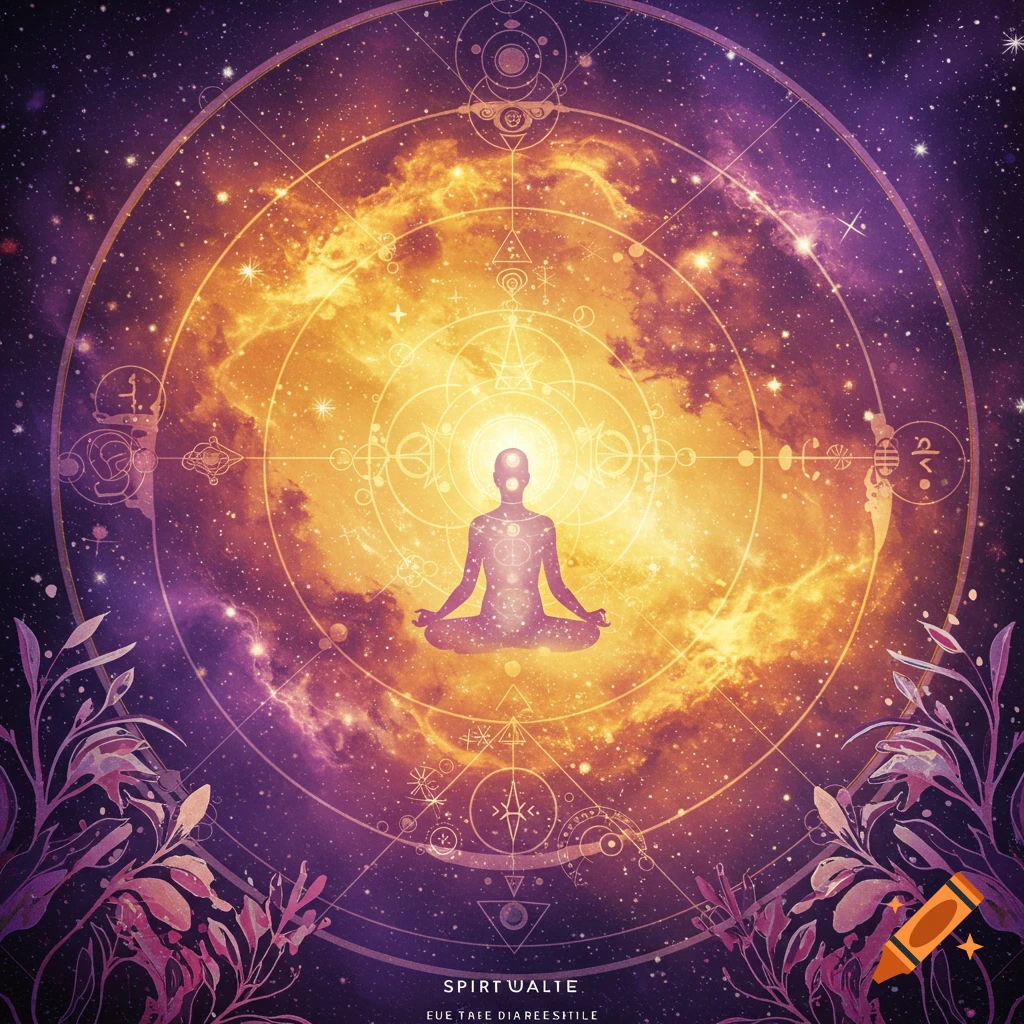 A meditating figure is centered within a cosmic scene filled with geometric patterns and lush plant life.