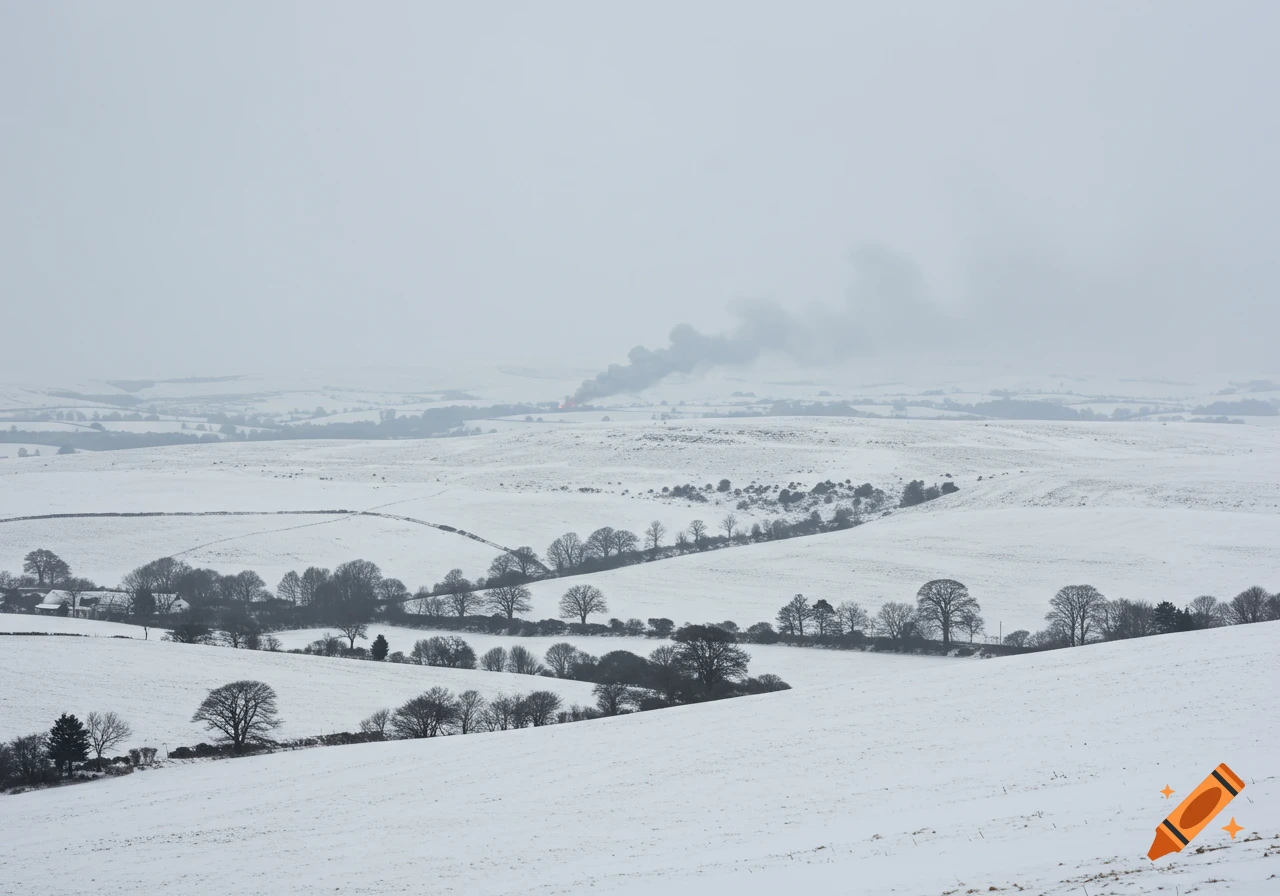 A snowy landscape with rolling hills, trees, and smoke rising in the distance.