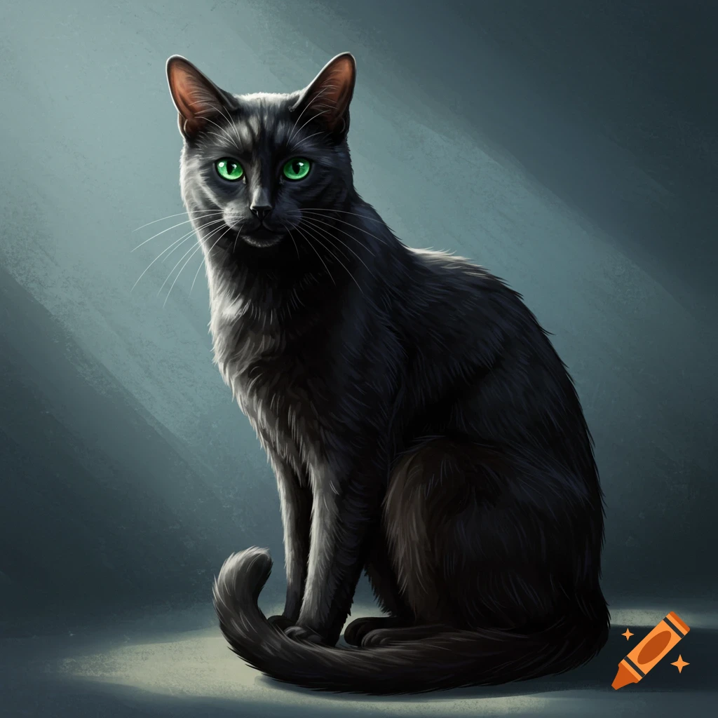 A black cat with green eyes sitting.