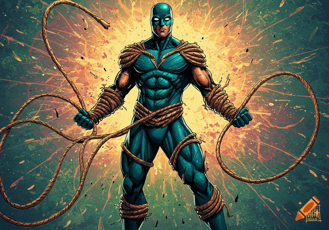 A superhero wrapped in ropes against an abstract background.