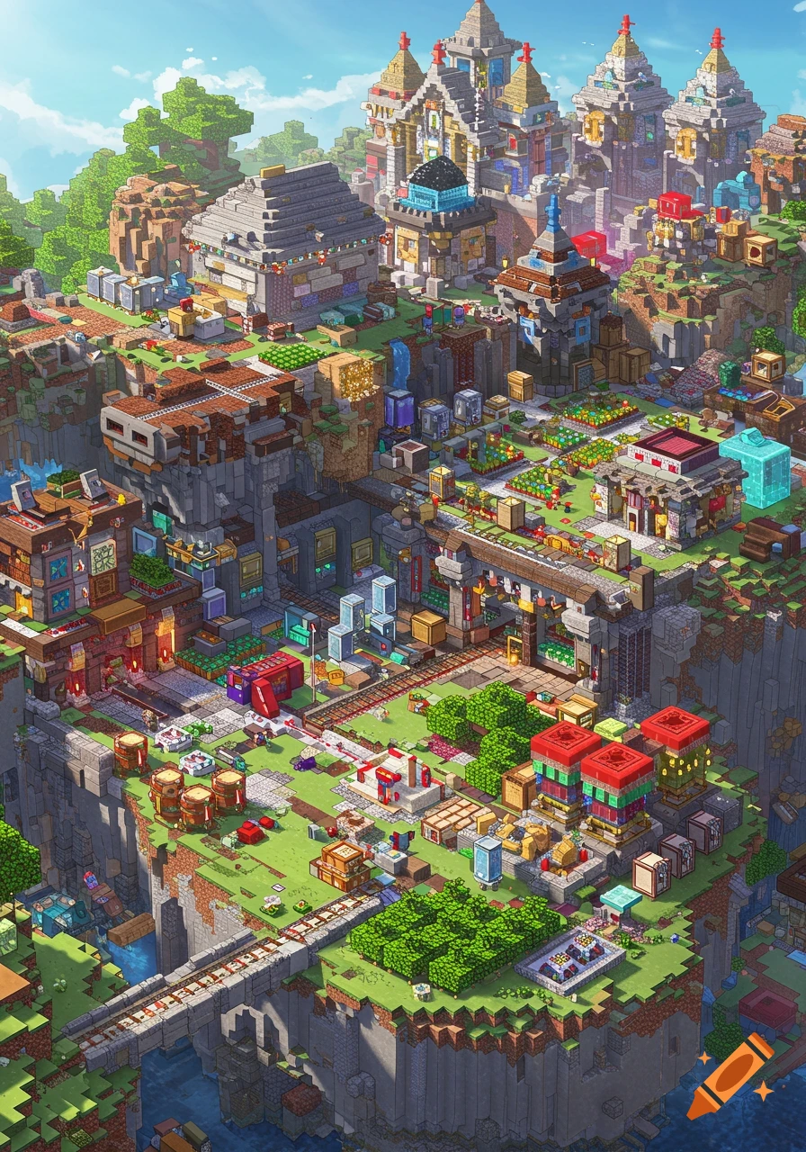 A large, detailed Minecraft-style base built into a cliffside.
