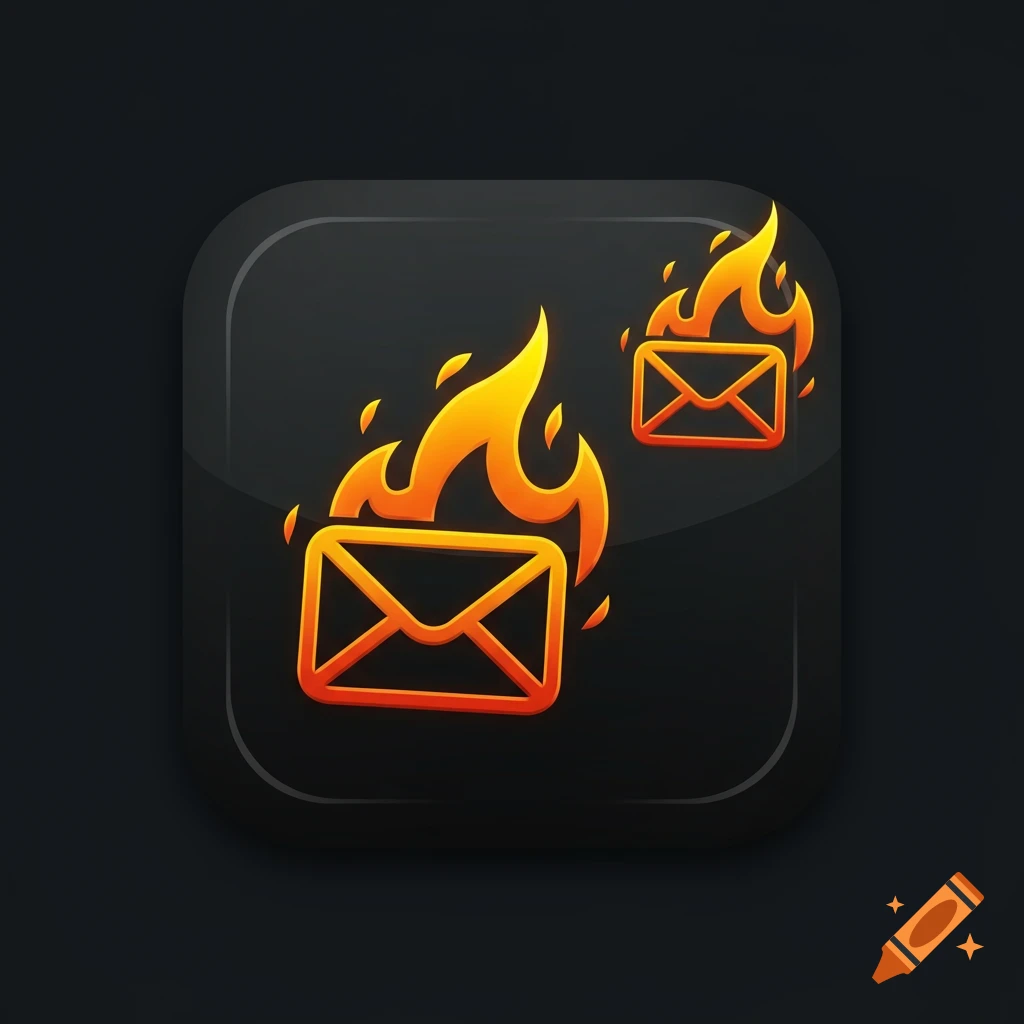 Stylized icon of two burning mail envelopes on a dark background.