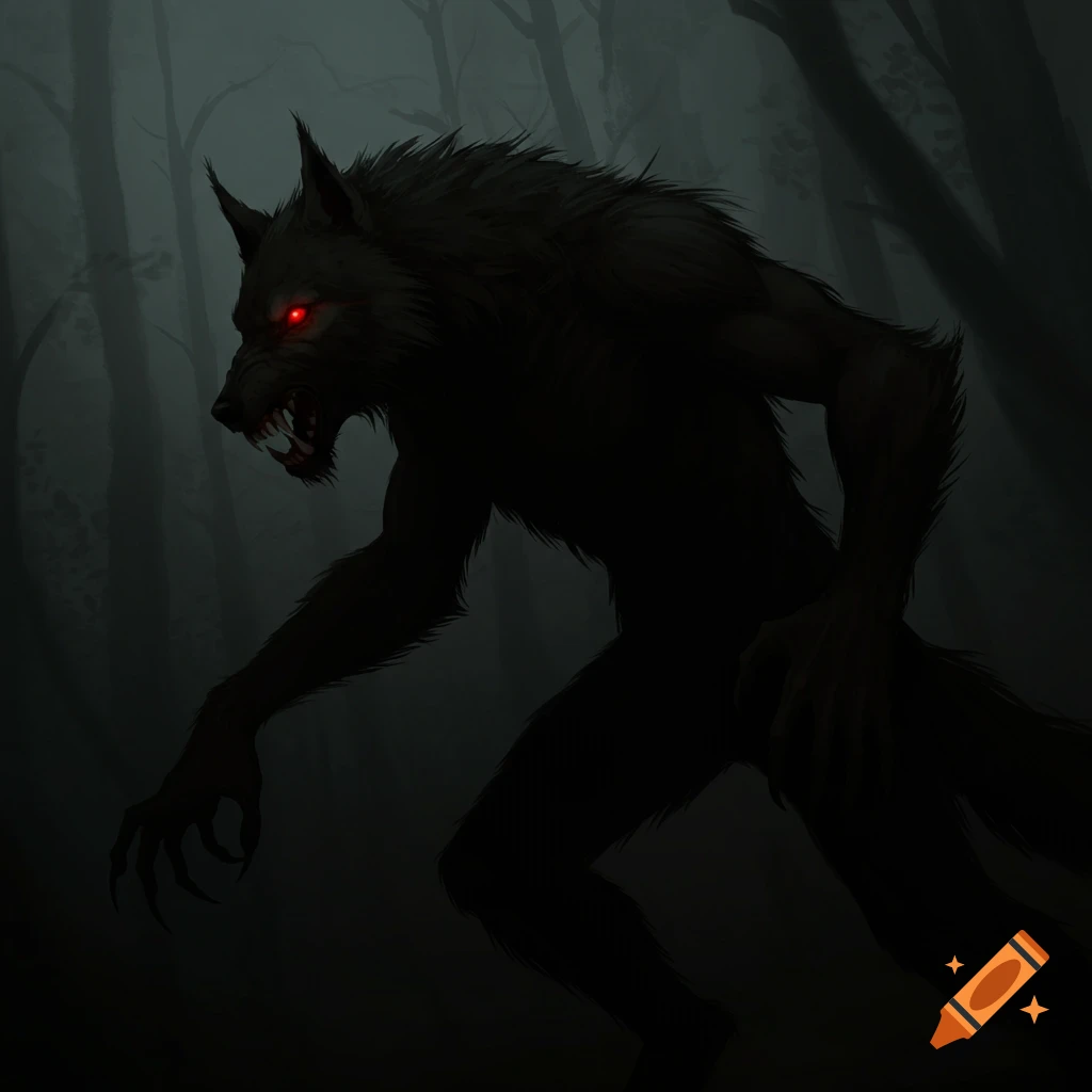 A werewolf with glowing red eyes in a dark, shadowed forest.