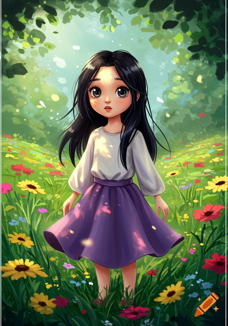 A whimsical image of a young girl in a purple skirt standing in a field of colorful wildflowers under dappled sunlight.