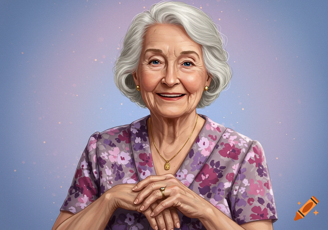 An older woman with grey hair and blue eyes is wearing a purple floral shirt and smiling.