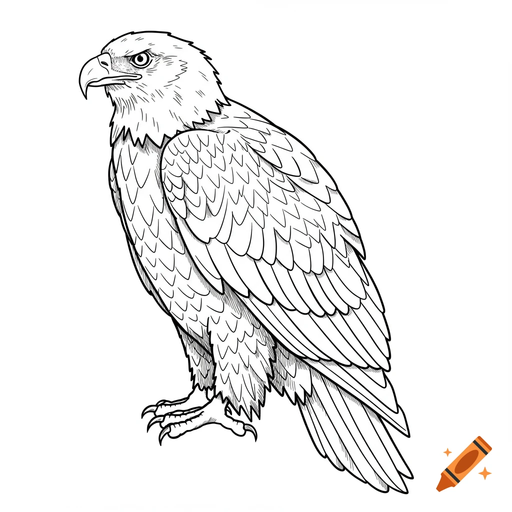 A black and white outline drawing of a standing eagle.