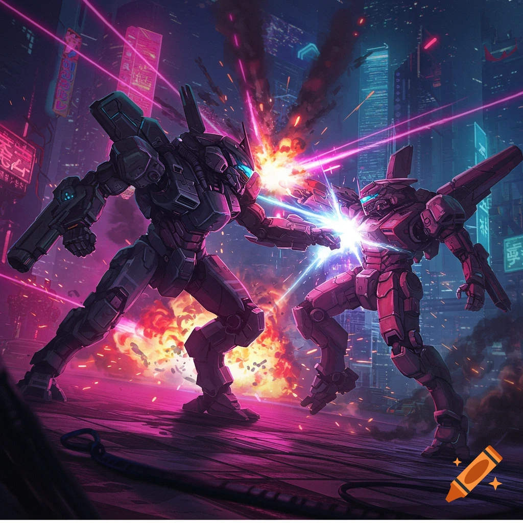Two giant mechs battle in a cyberpunk city street, sparks flying, explosions around them. Digital art.