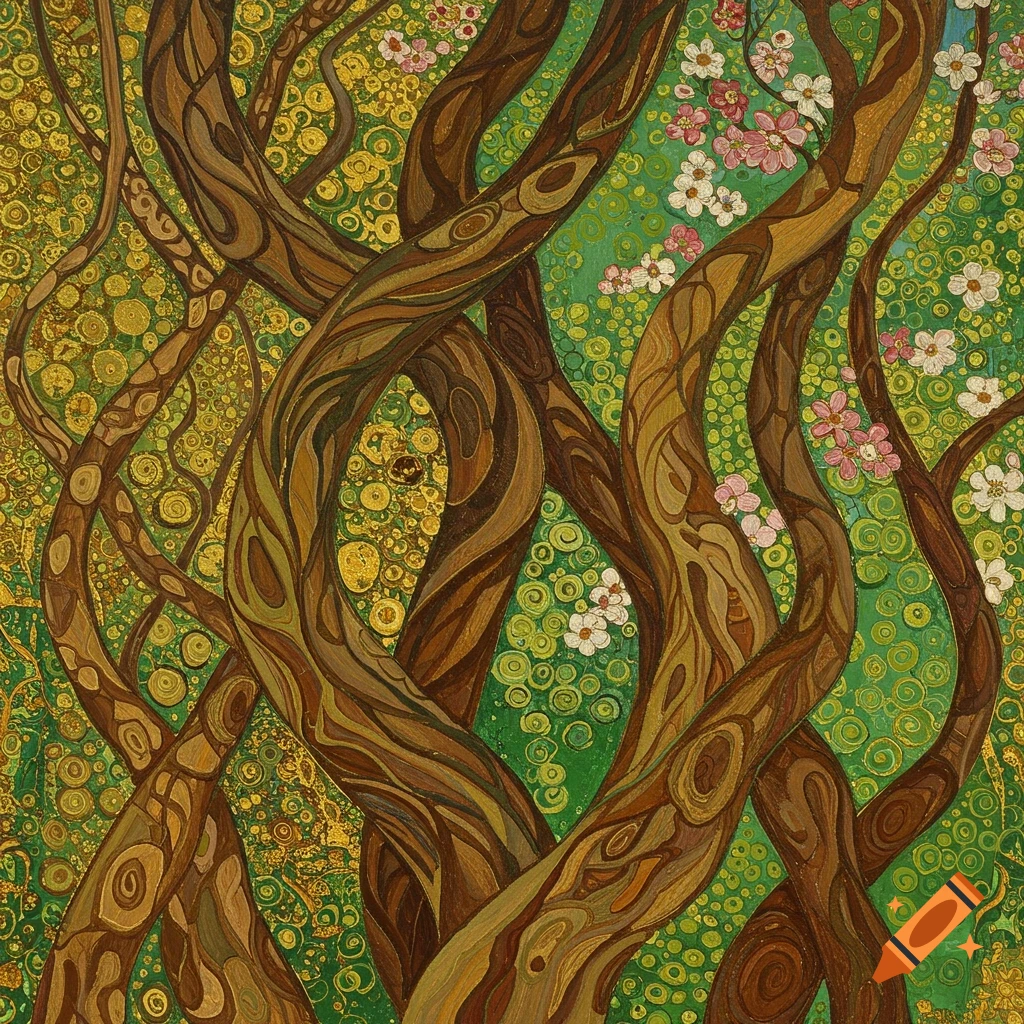 Stylized painting of tree trunks and pink flowers in the style of Klimt.