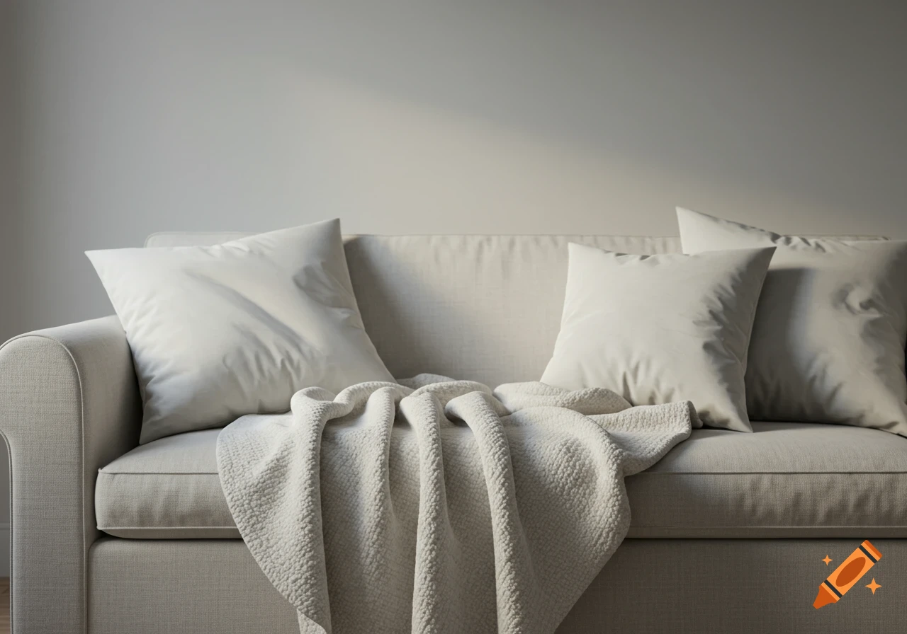A white sofa with white cushions and a white throw blanket draped over it.
