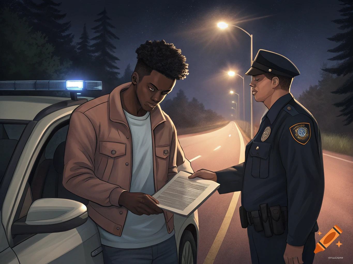 Illustration of a police officer giving a document to a man by a police car at night.