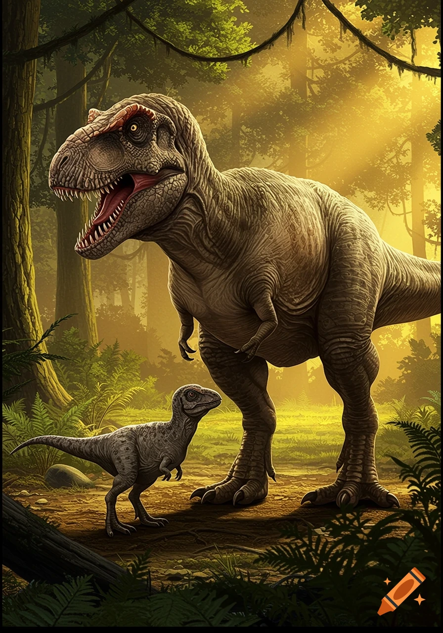A large Tyrannosaurus Rex with a smaller dinosaur in a prehistoric forest with golden light.