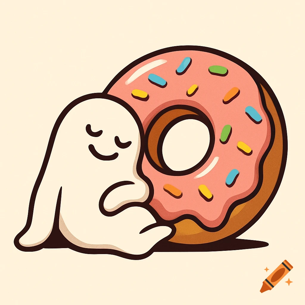 Illustration of a cute ghost character leaning against a pink glazed donut with sprinkles.