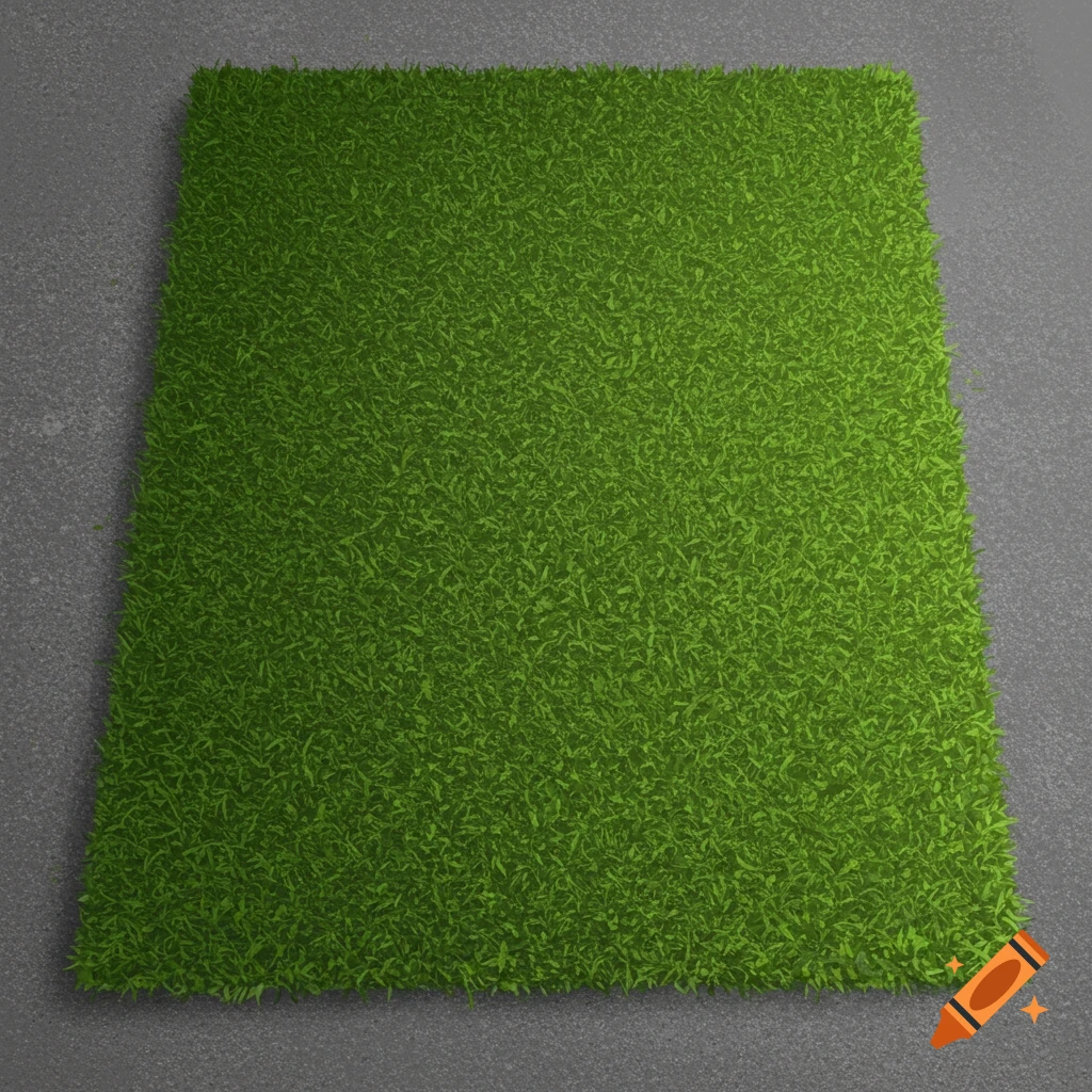A square green grass mat on a grey textured surface.