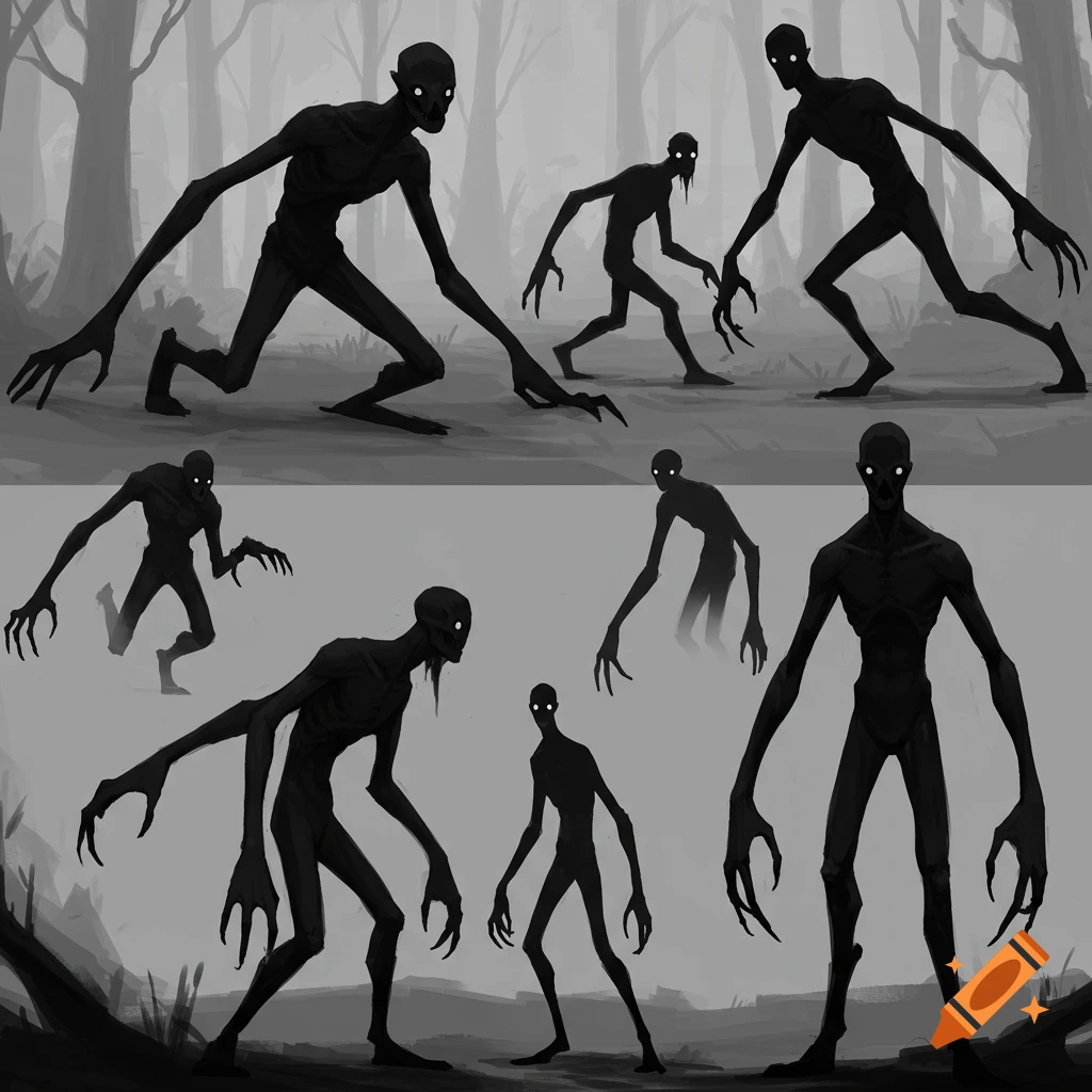 Concept art sketch of multiple shadowy monster figures with glowing eyes in a misty forest