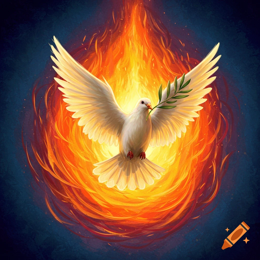 A white dove with an olive branch in a swirling flame.