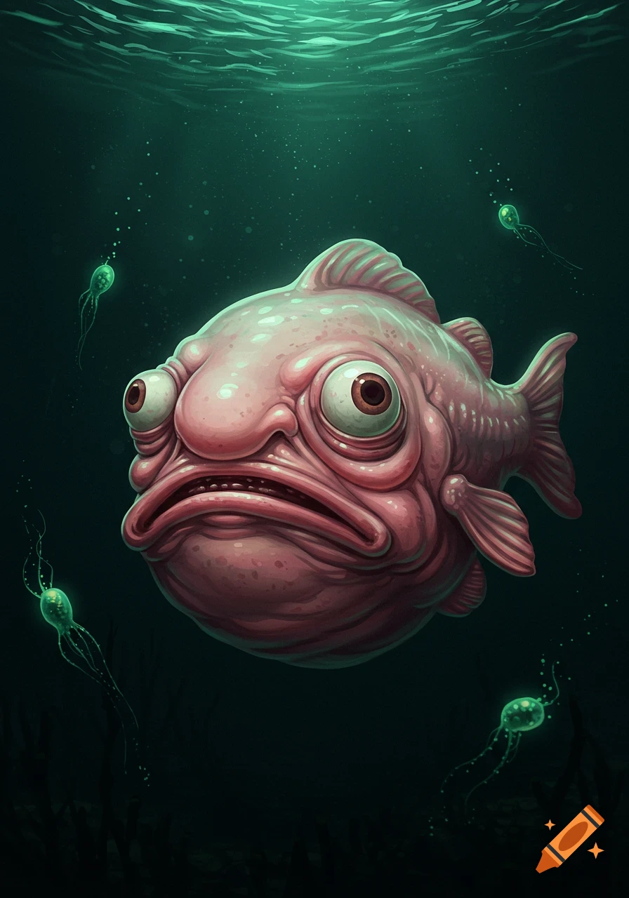 A pink deformed blob fish with large eyes swimming in dark green water.