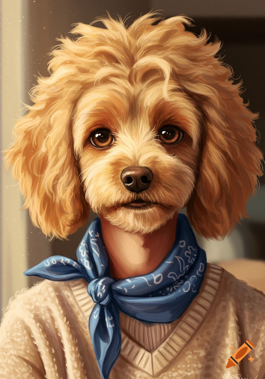 a golden doodle dog wearing a blue bandana and a beige sweater