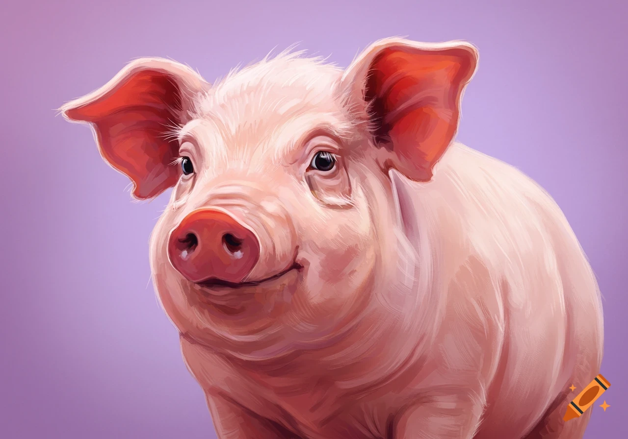 Close-up of a pig's face against a purple background.