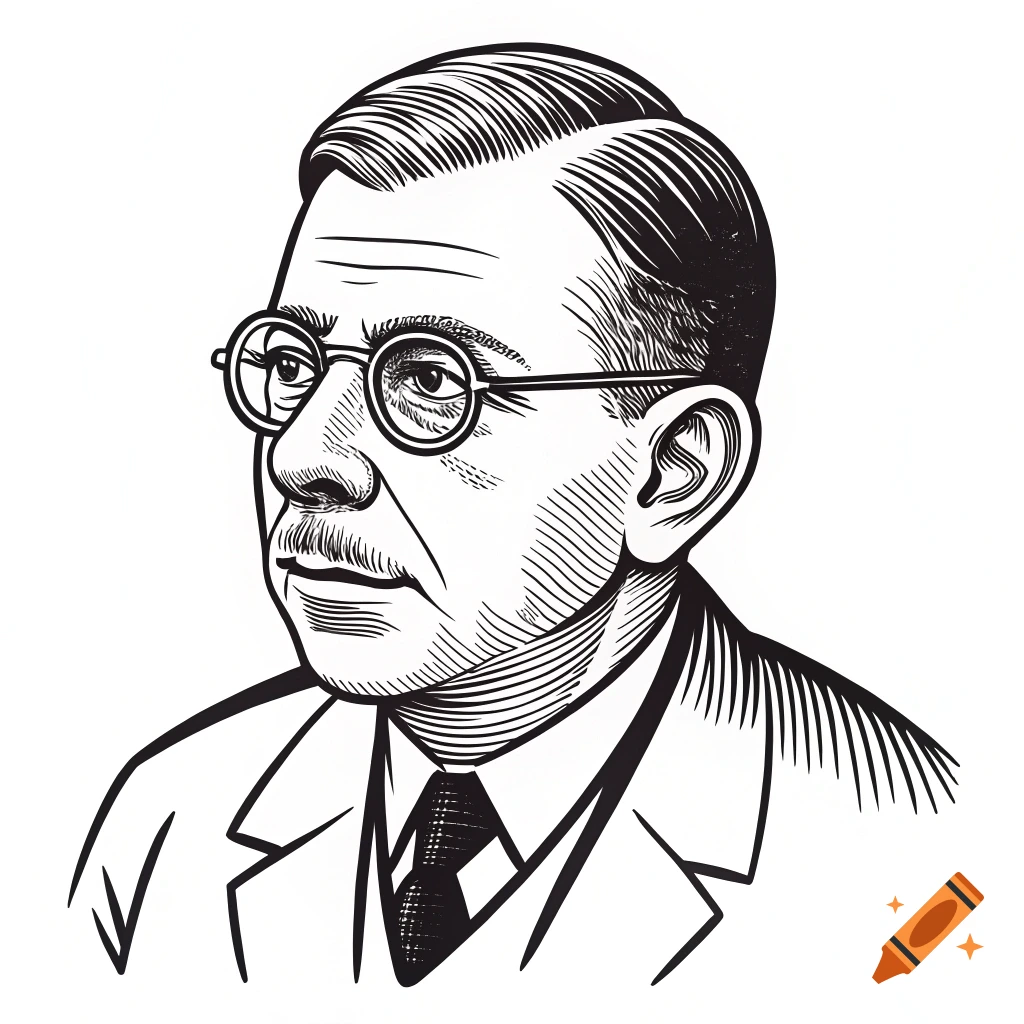 Black line drawing portrait of a man with glasses and mustache in a suit.