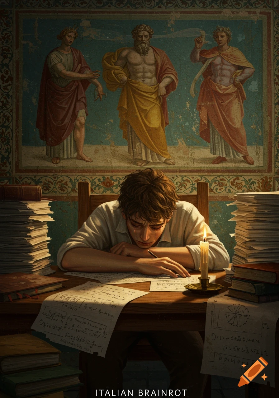 Painting of a student studying at a desk under a mural of classical figures
