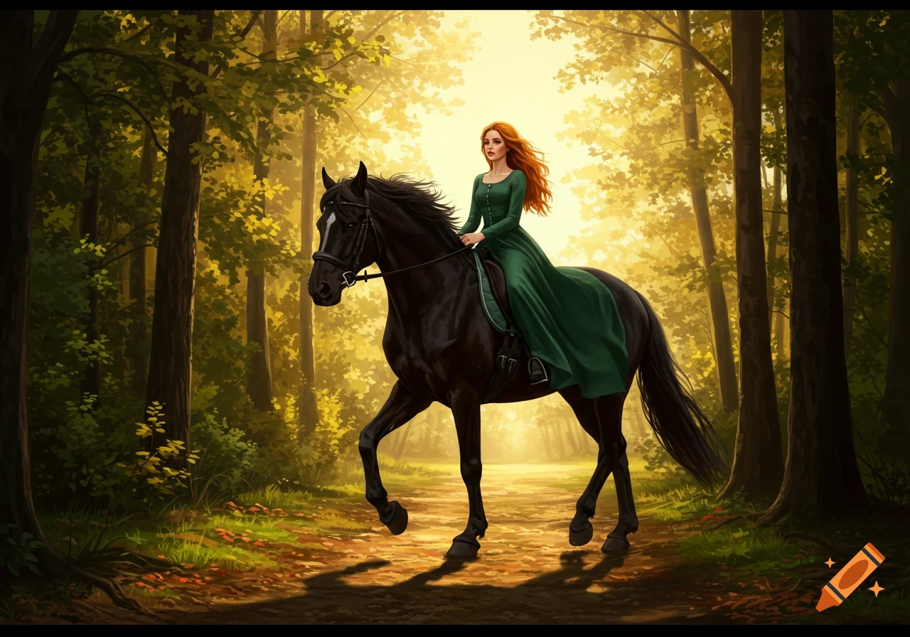 A woman with red hair rides a black horse through a sunlit forest path.