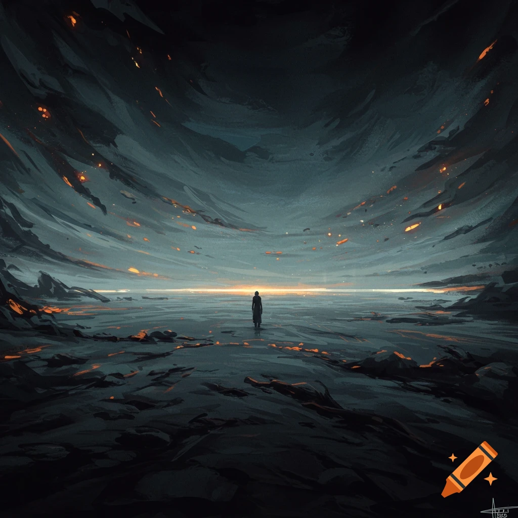 A solitary figure in a dark, atmospheric landscape with glowing embers and dramatic sky.