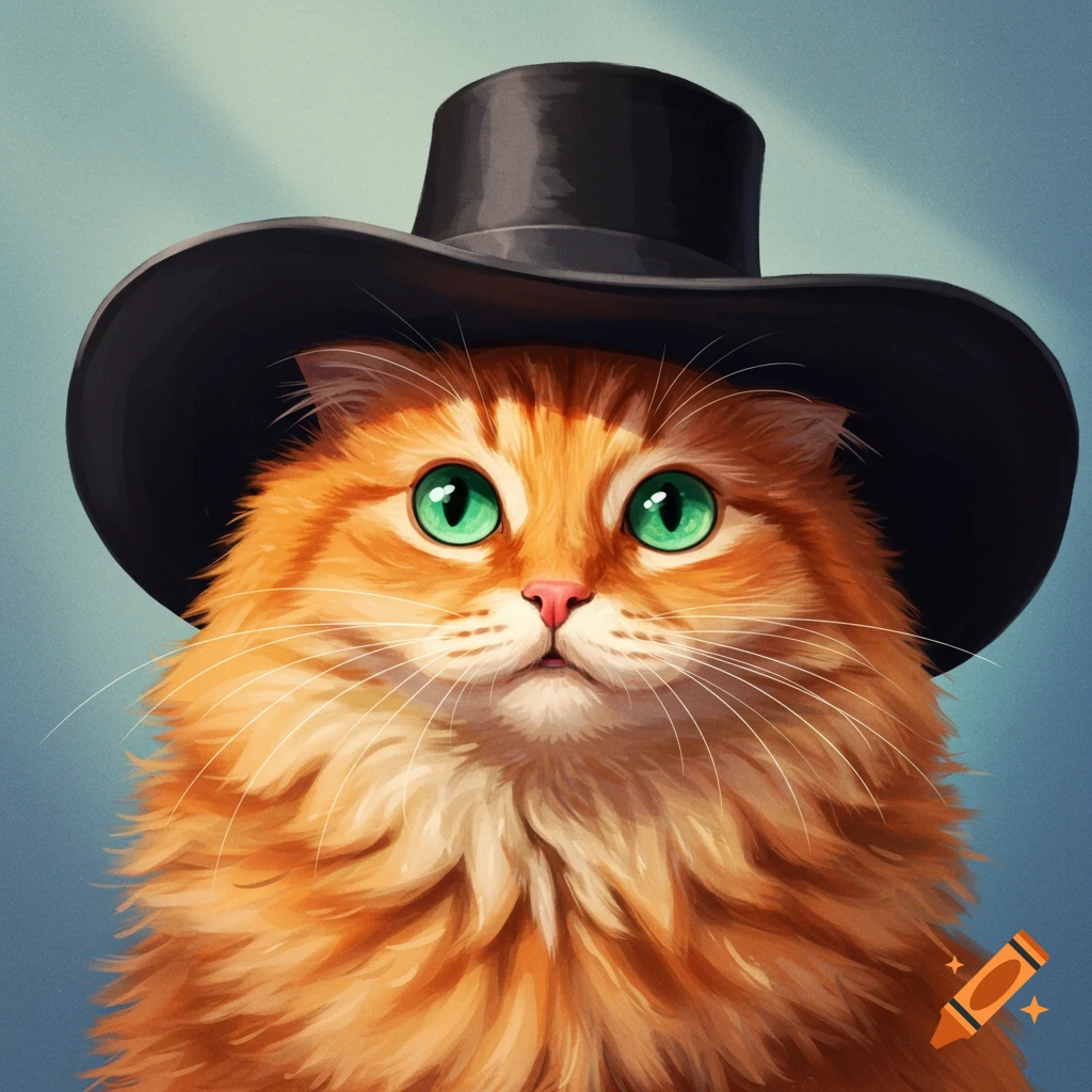 An orange cat wearing a black hat