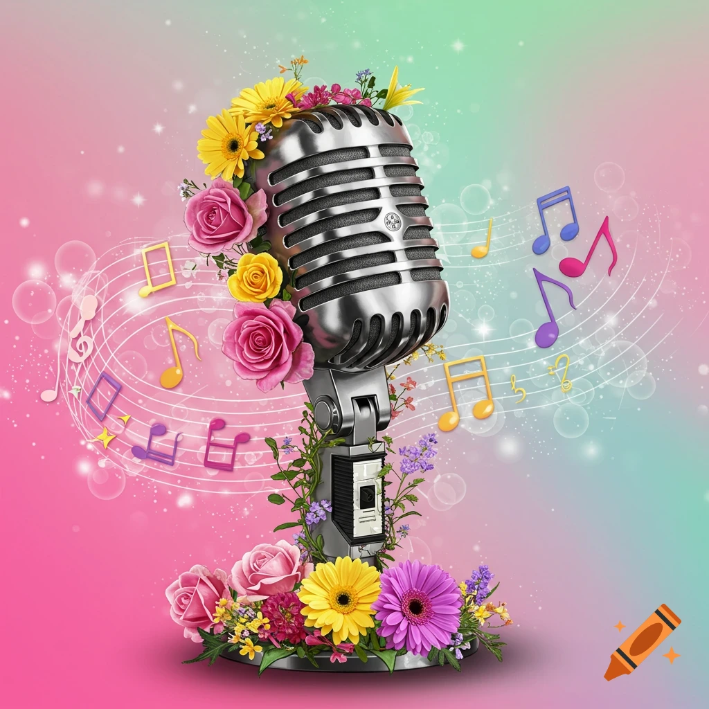 A microphone decorated with colorful flowers and music notes on a gradient background.