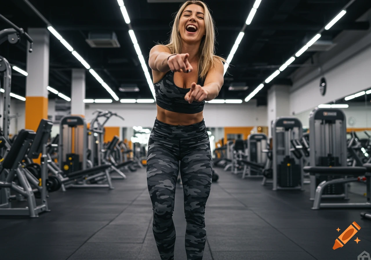 A woman in a gym laughs and points at the camera. She is wearing camouflage leggings and a sports bra.