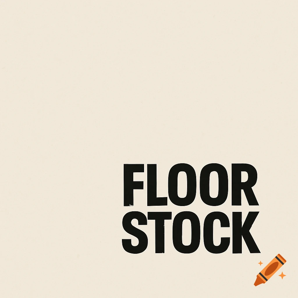 Black text FLOOR STOCK on a beige background.