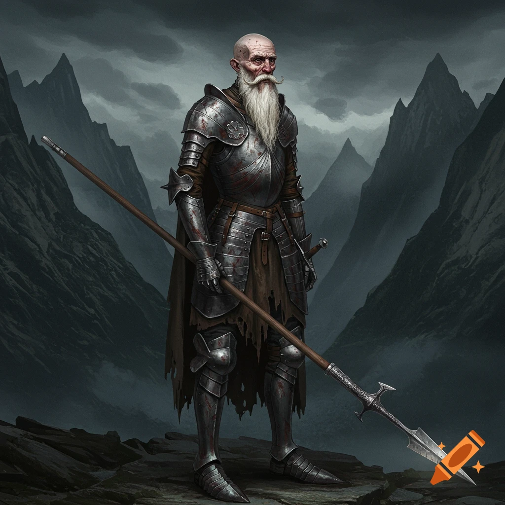 An old knight with a long white beard, wearing armor and holding a lance in a dark, mountainous landscape.