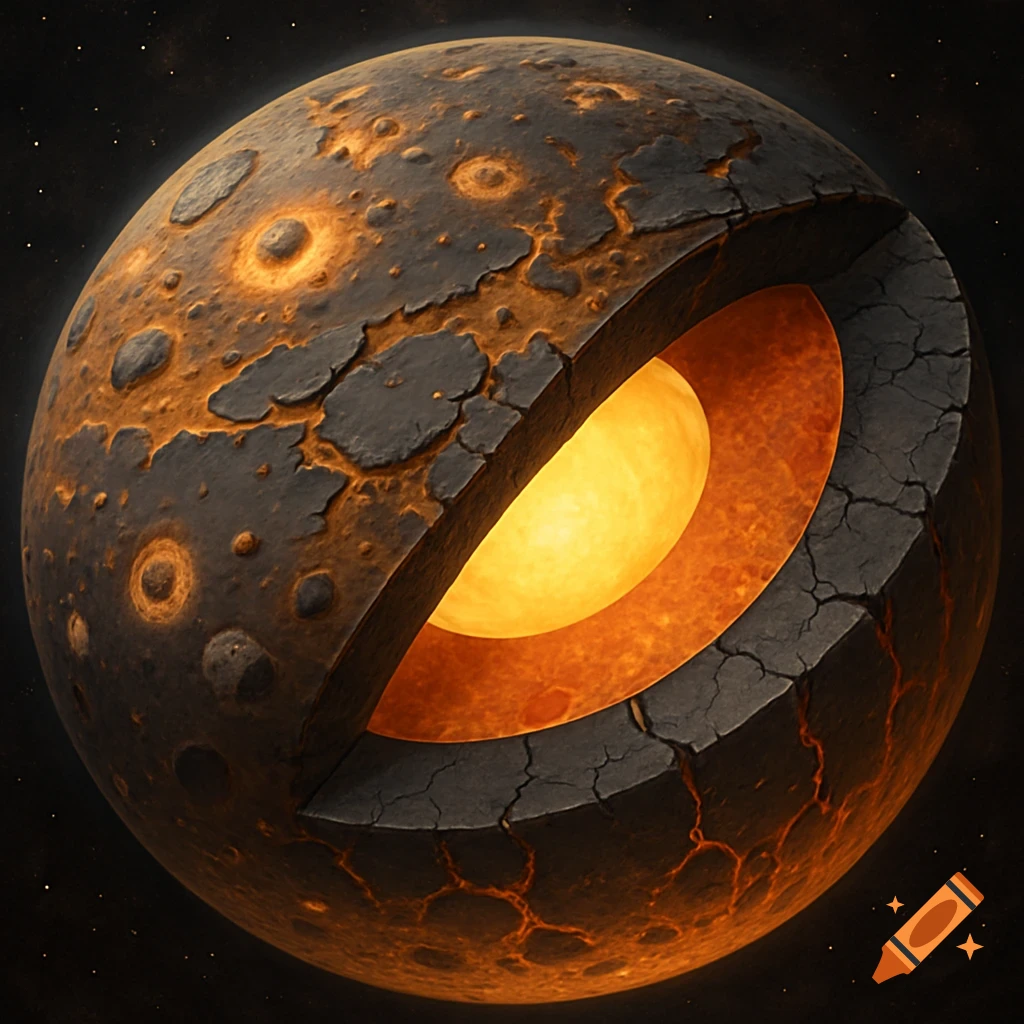Cross-section of a planet revealing a glowing molten core beneath a thick, cracked, rocky crust in space.