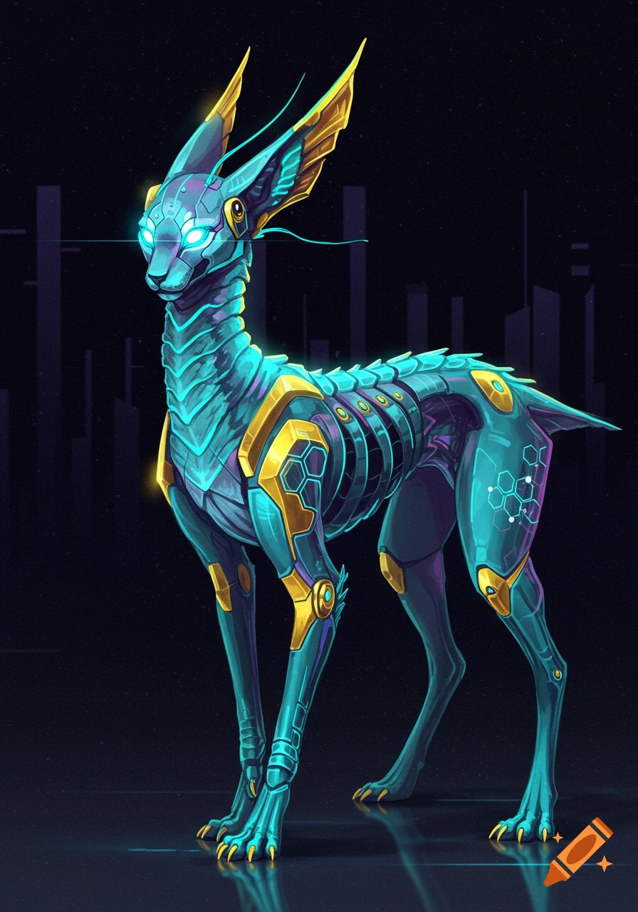 An image of a futuristic anthropomorphic animal with glowing eyes and mechanical designs against a dark city background.