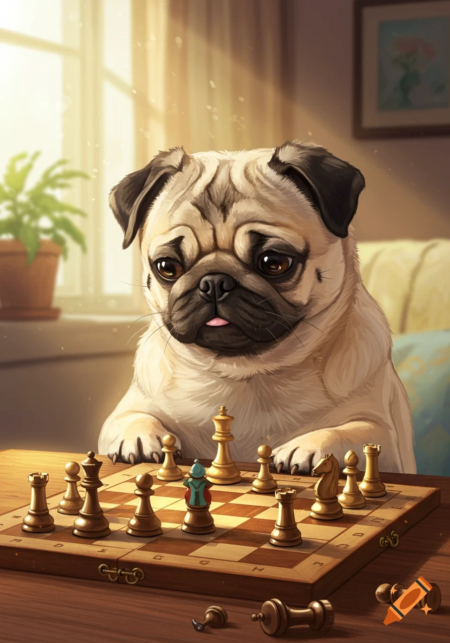 A pug dog playing chess, looking thoughtful.