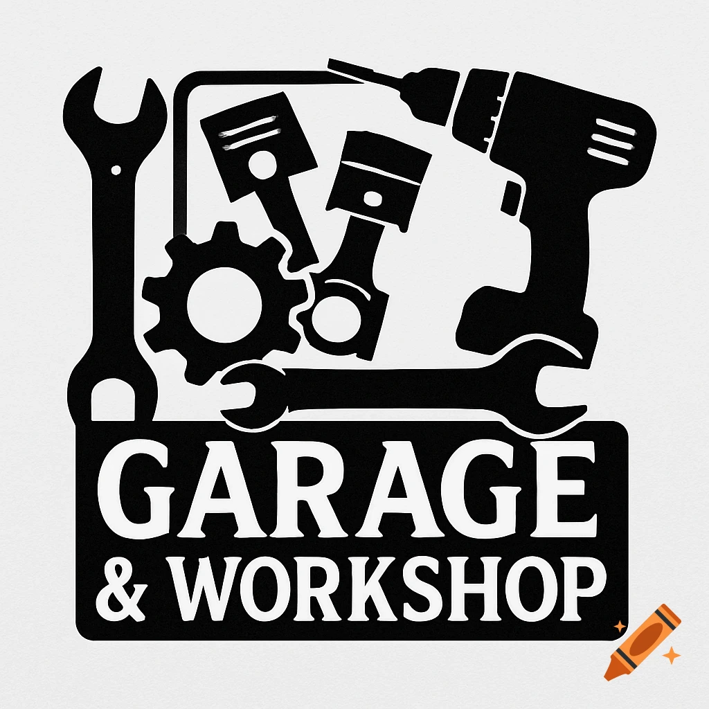 Black and white graphic of tools, engine parts, and a 'GARAGE & WORKSHOP' sign.