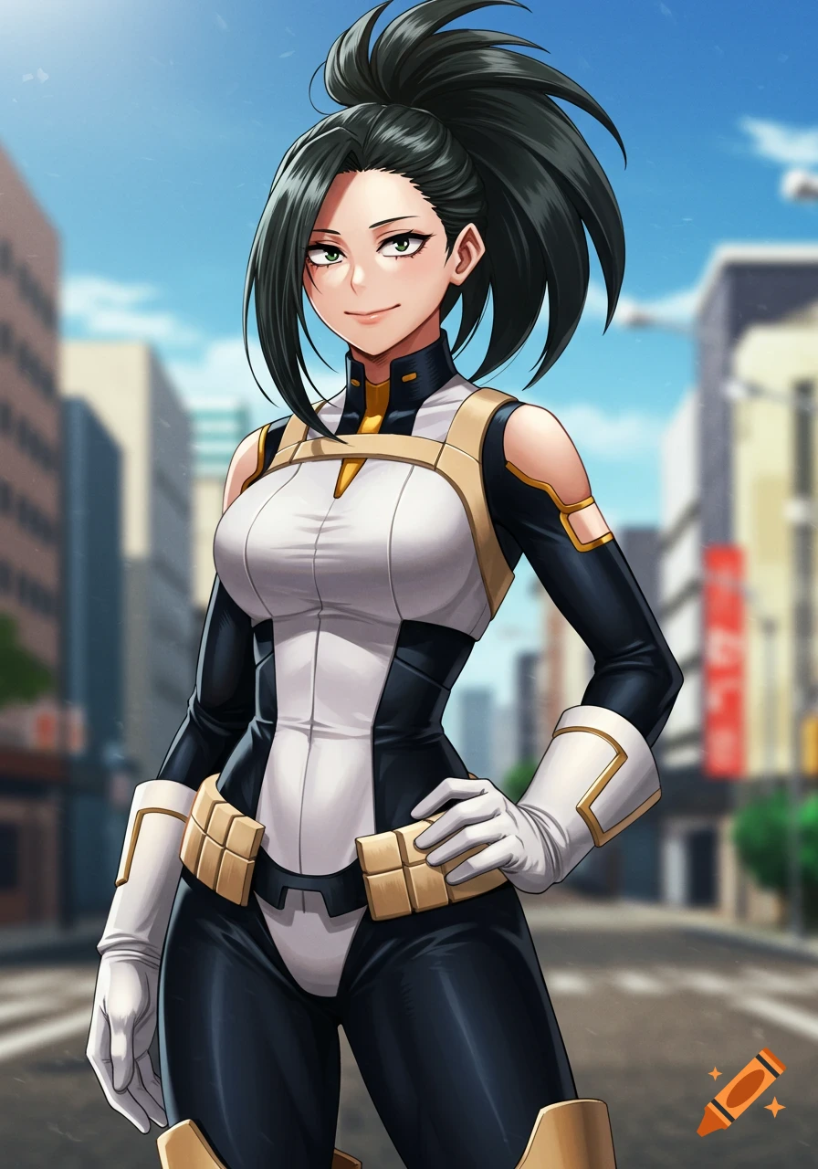 Momo Yaoyorozu in her superhero suit stands in a city street, anime style.