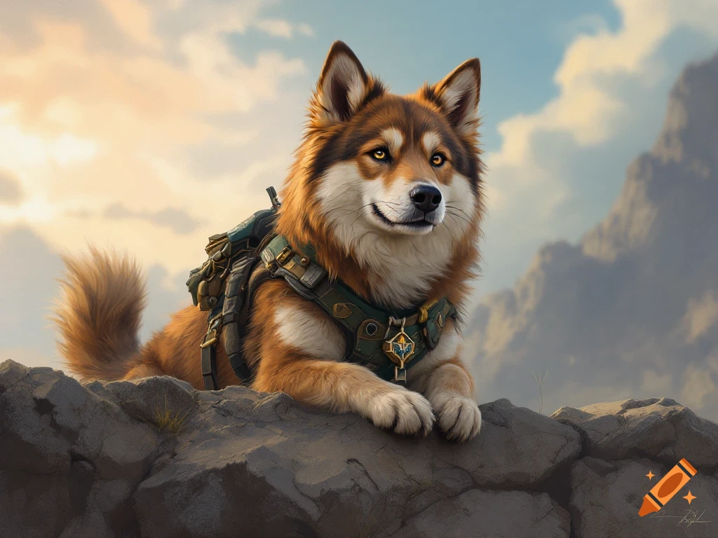 A fantasy image of a dog wearing a backpack, lying on rocks with mountains in the background.