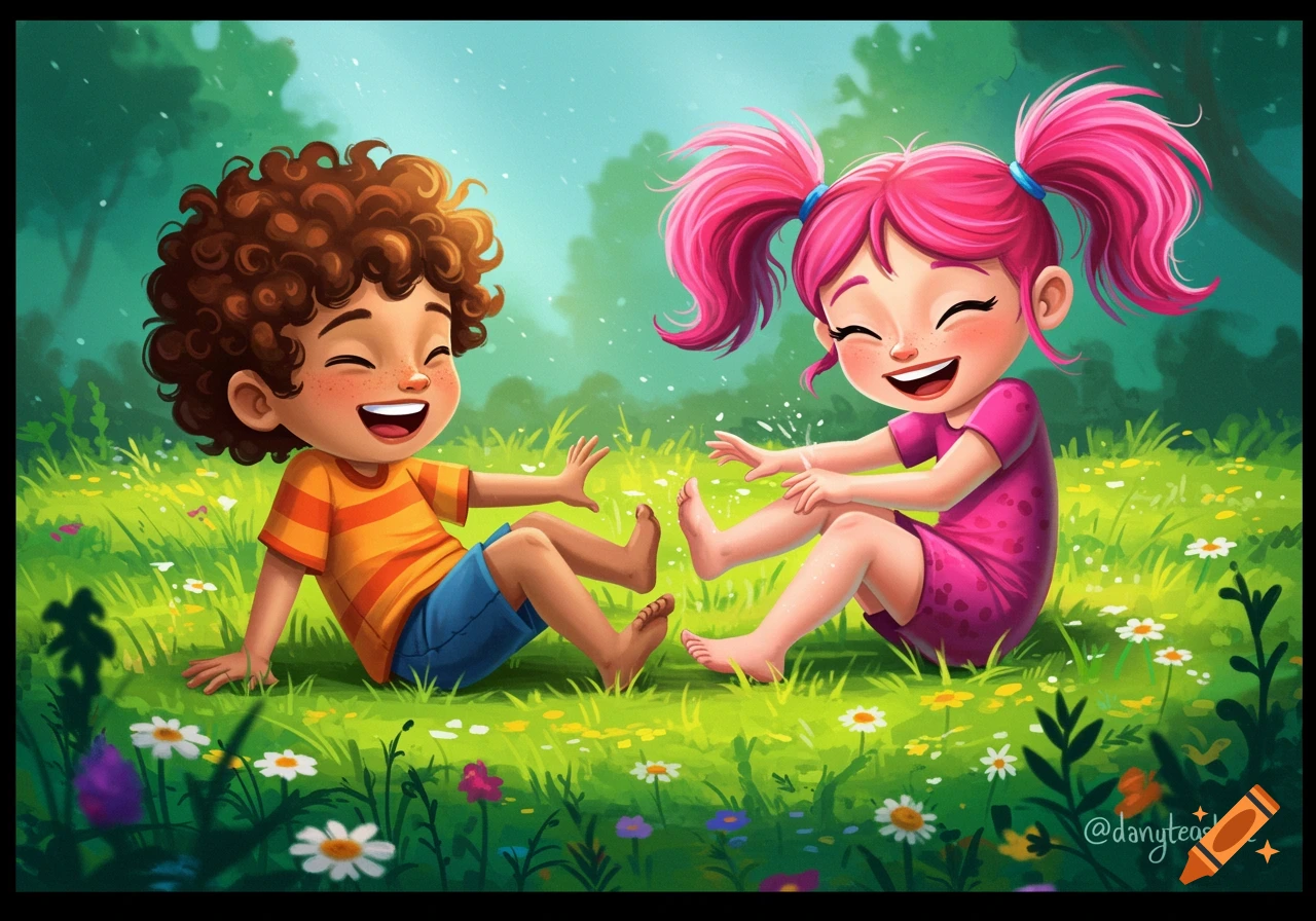 A whimsical image shows two laughing children playing in a sunny meadow filled with flowers.