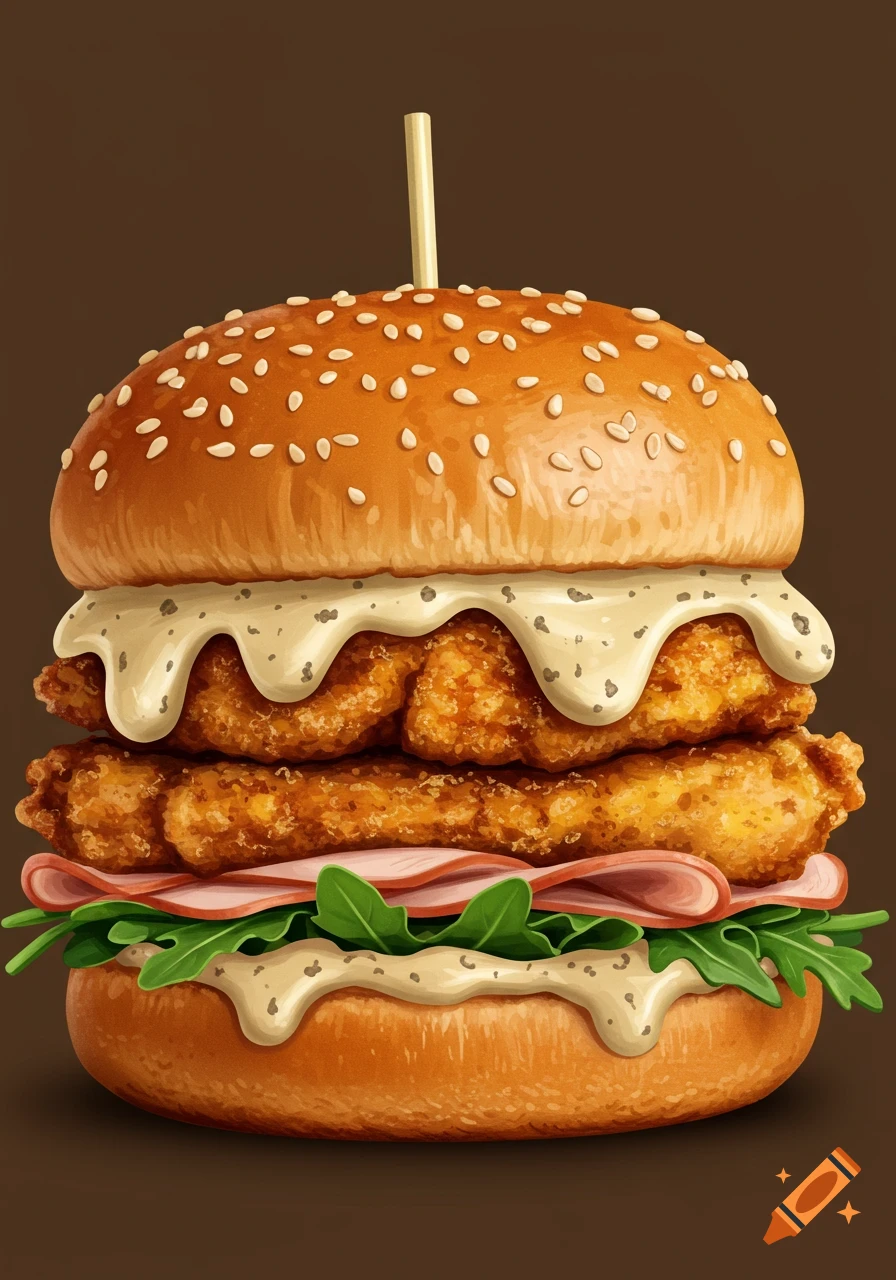 A burger with fried chicken patties, truffle sauce, smoked turkey, and rocket lettuce.