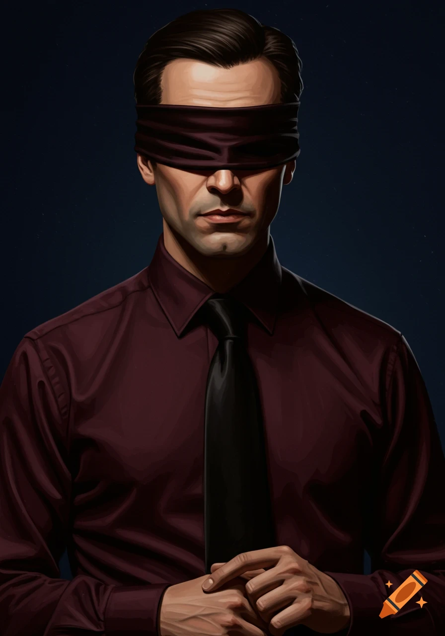 A blindfolded man is wearing a dark red shirt and black tie.