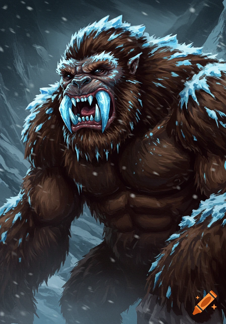 A muscular yeti monster with glowing blue icy fangs in the snow.