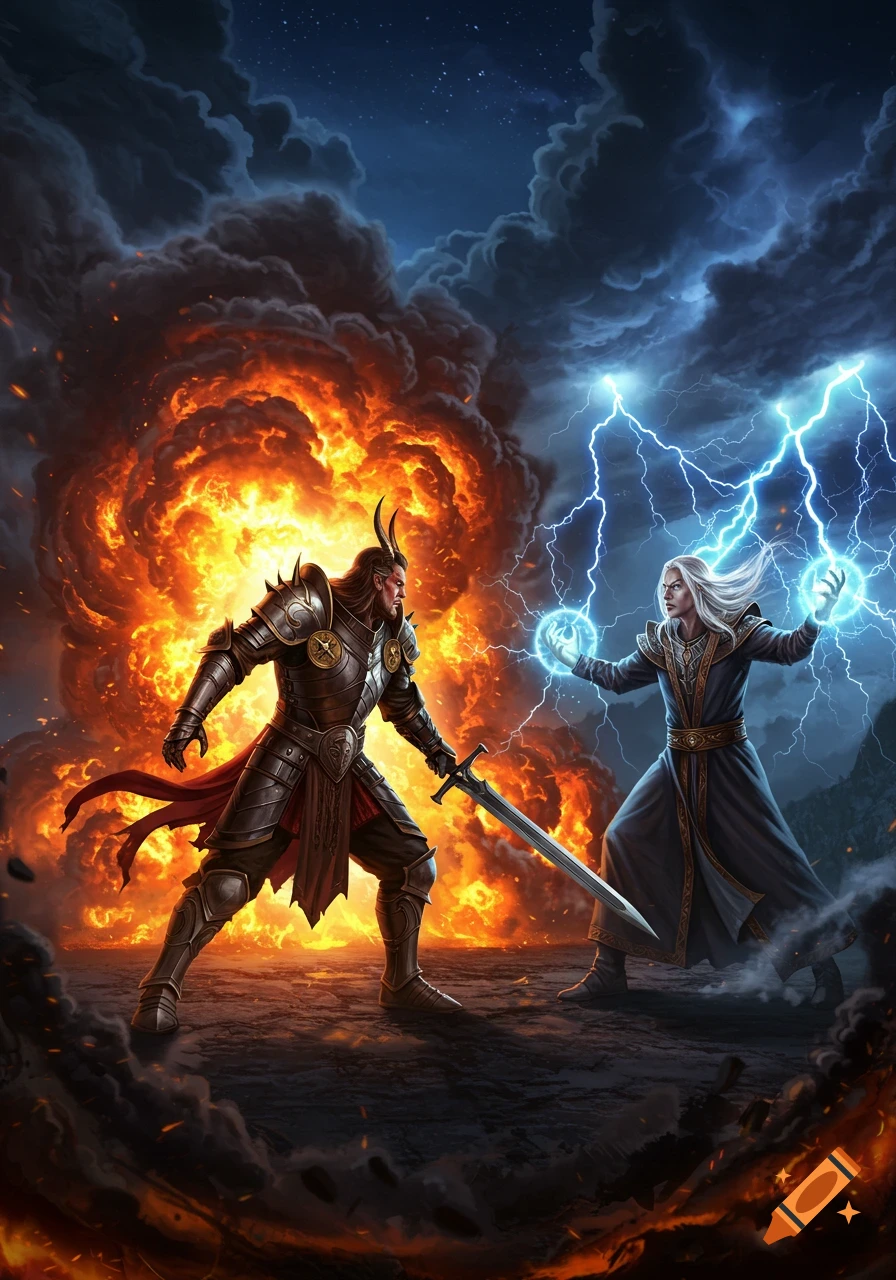 Two fantasy figures, a warrior of fire and a wizard of lightning, battle.