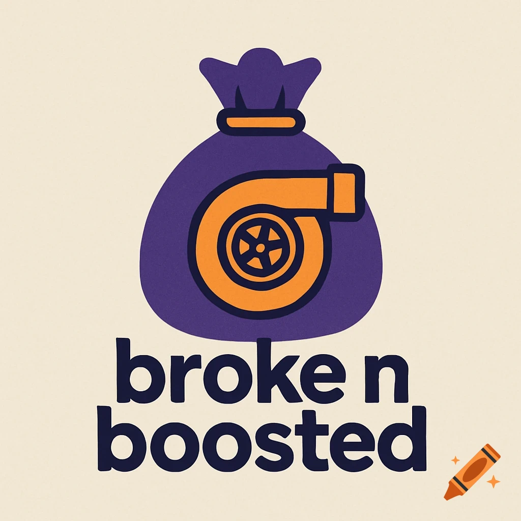Logo: purple bag with an orange turbo icon, text reads "broke n boosted"