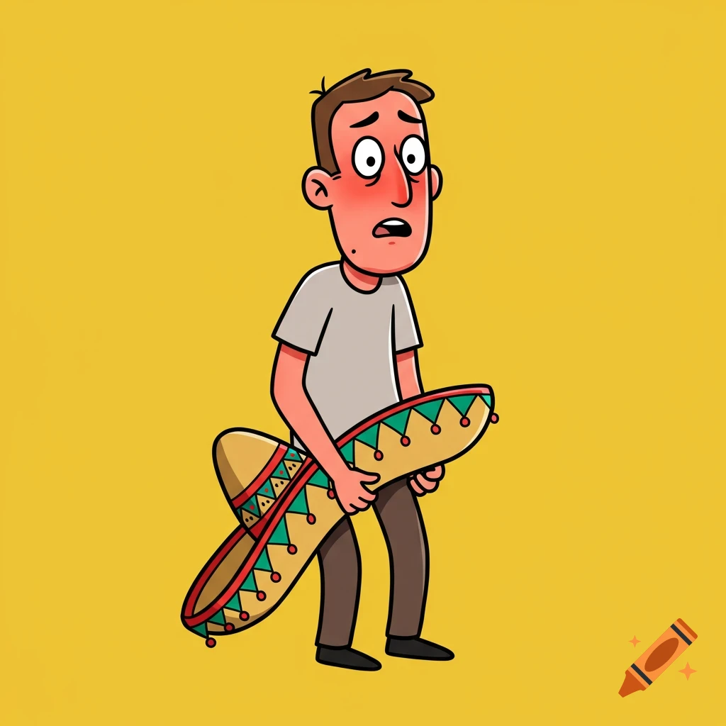 Cartoon of an embarrassed man holding a large sombrero in front of him.