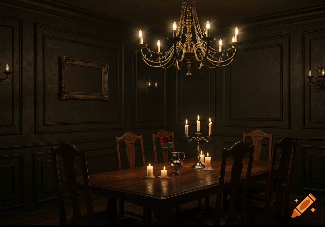 A dark gothic dining room lit by candles and a chandelier